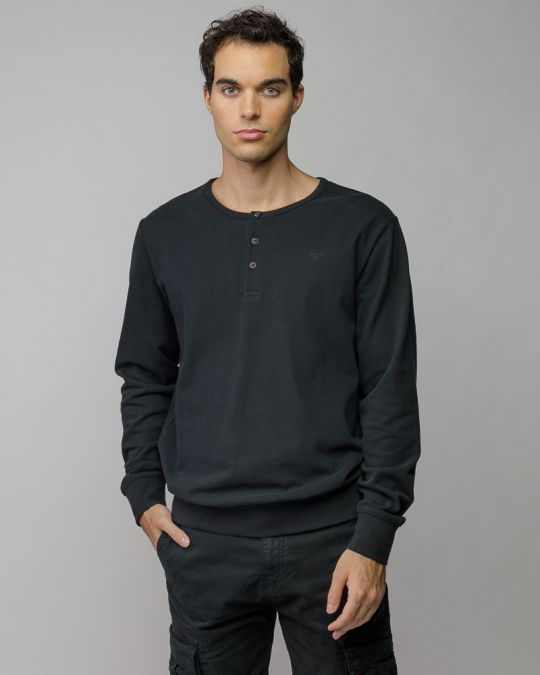 BLACK MEN'S LONG SLEEVE BUTTON T-SHIRT 1D25FW4006LS0104
