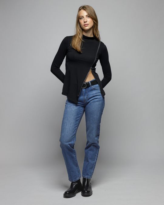 BLACK WOMEN'S ZIP LONG SLEEVE T-SHIRT 2D25FW4540LS0204