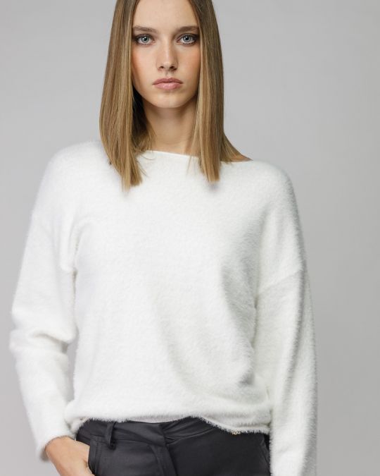 WHITE WOMEN'S FUZZY KNITTED SWEATER 2D25FW6532LS1101