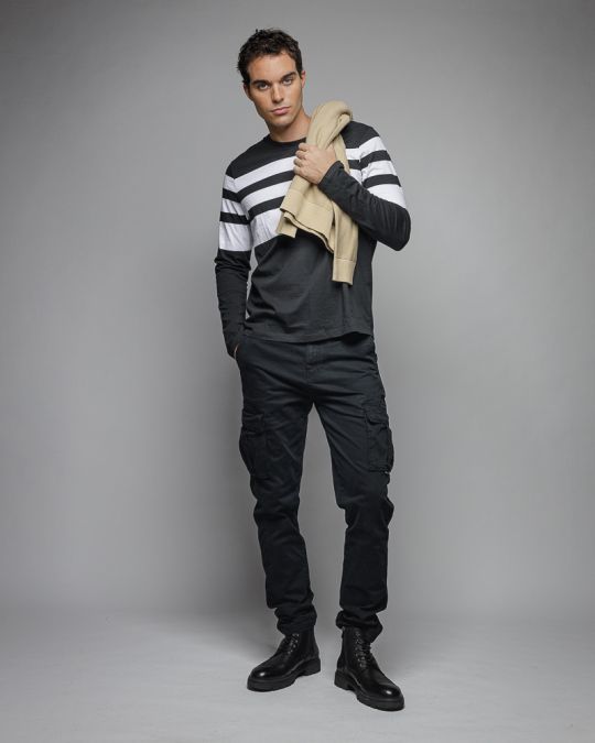 BLACK MEN'S LONG SLEEVE STRIPED T-SHIRT 1D25FW4009LS0105