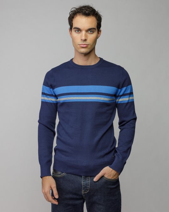 BLUE MEN'S STRIPED KNITTED SWEATER 1D25FW6028LS1101