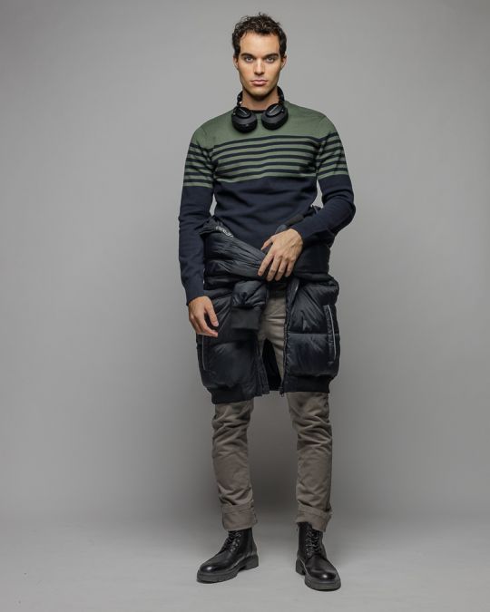 KHAKI MEN'S STRIPED KNITTED SWEATER 1D25FW6028LS1101