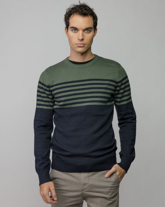 KHAKI MEN'S STRIPED KNITTED SWEATER 1D25FW6028LS1101