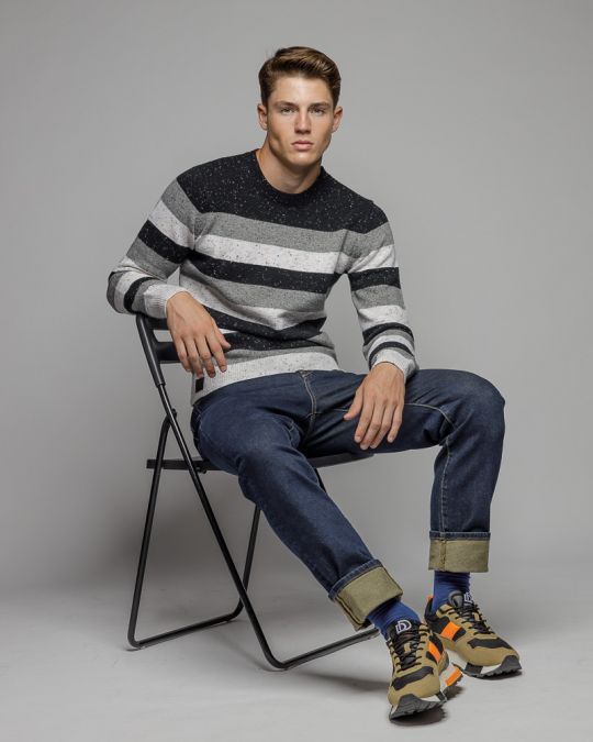 BLACK MEN'S STRIPED KNITTED SWEATER 1D25FW6034LS1101