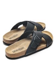 BLACK MEN'S LEATHER SLIDES - EVAN